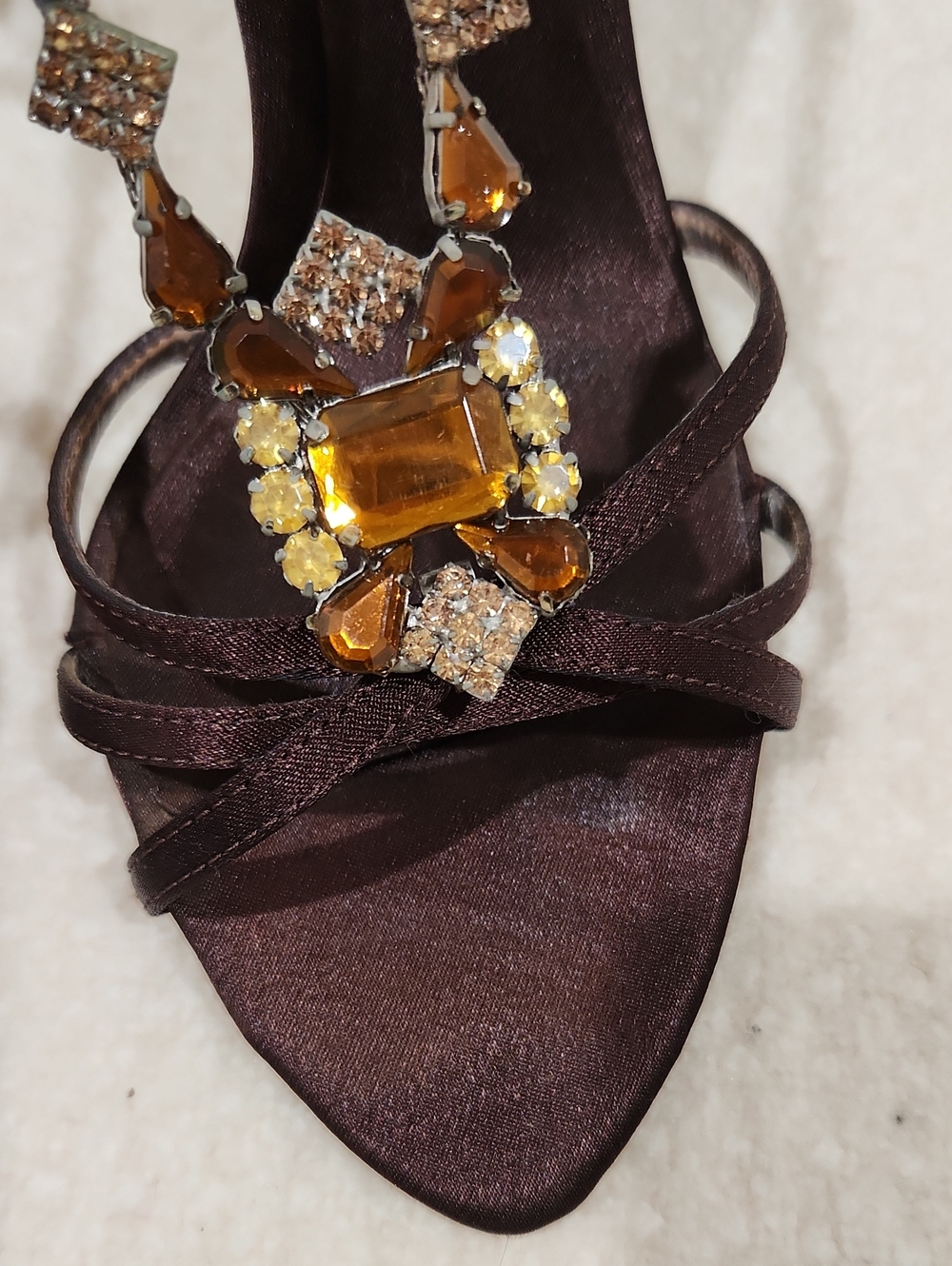 Nina Brown Satin Jeweled T-Strap Heels - Picture 4 of 8